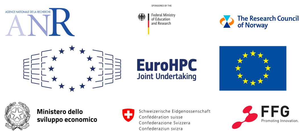 Logos of the funding
organizations: ANR in France, The Research Council of Norway, the Federal
Ministry of Education and Research in Germany, EuroHPC, the European Union, the
Ministerio dello sviluppo economico in Italy, the Swiss Federation, and the
Federale Forschungsgemeinschaft in Austria.