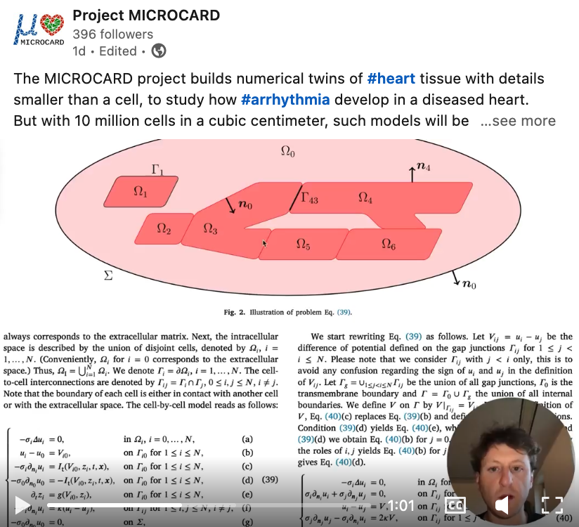 Screen shot of a post on LinkedIn which contains a movie in which
	 author Giacomo Rosilho de Souza summarizes the paper Boundary integral
	 formulation of the cell-by-cell model of cardiac electrophysiology,
	 which was was recently published in Engineering Analysis with Boundary
	 Elements.