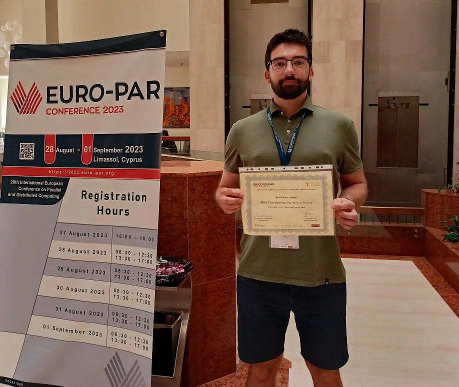 Terry Cojean showing the Best
	 Poster award certificate at the Euro-Par conference in Limassol, Cyprus.