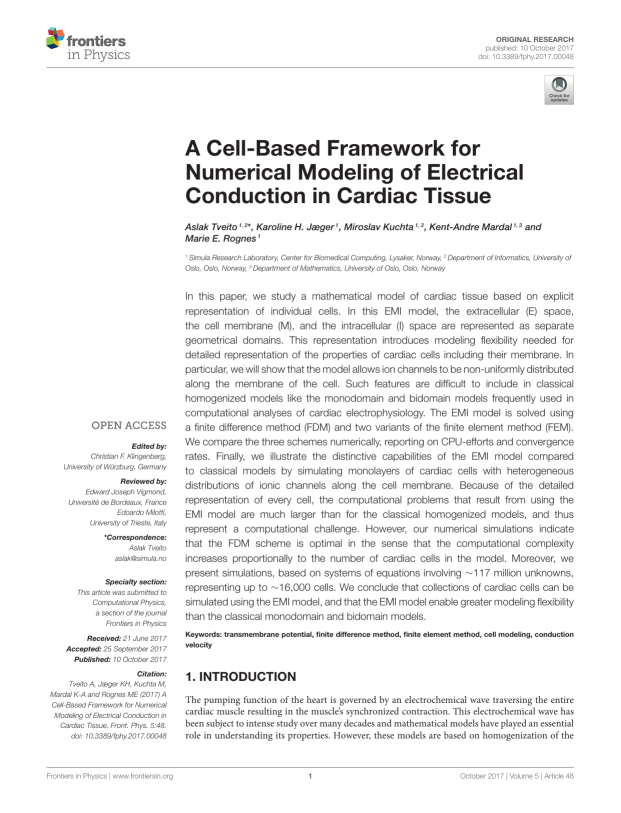 Front page of Dr Tveito's 2017 paper about the EMI framework